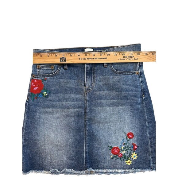 J Crew Floral Embroidered Denim Mini Skirt Raw Hem Fringe Size 2 Boho Y2K - Picture 7 of 7